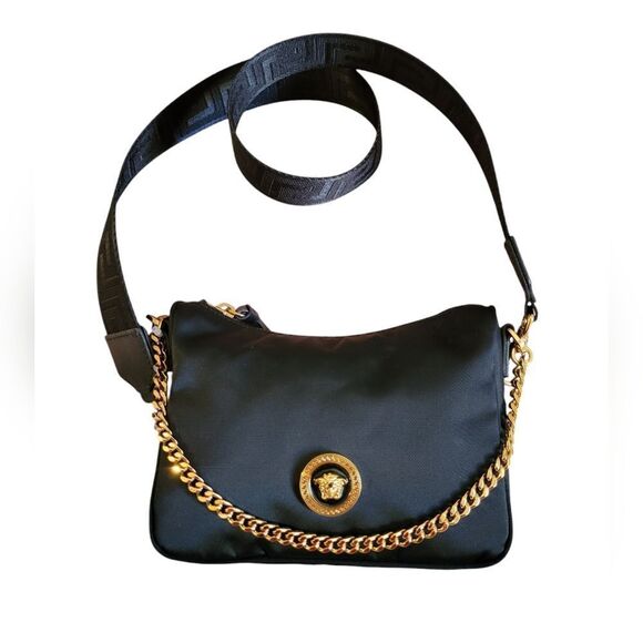 Versace Black Shoulder Bag with Gold Chain Nylon Leather - Picture 1 of 16